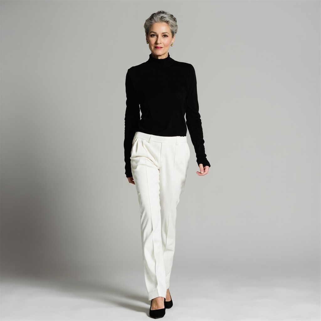Older Audrey Hepburn Lookalike in Chic Monochrome Outfit
