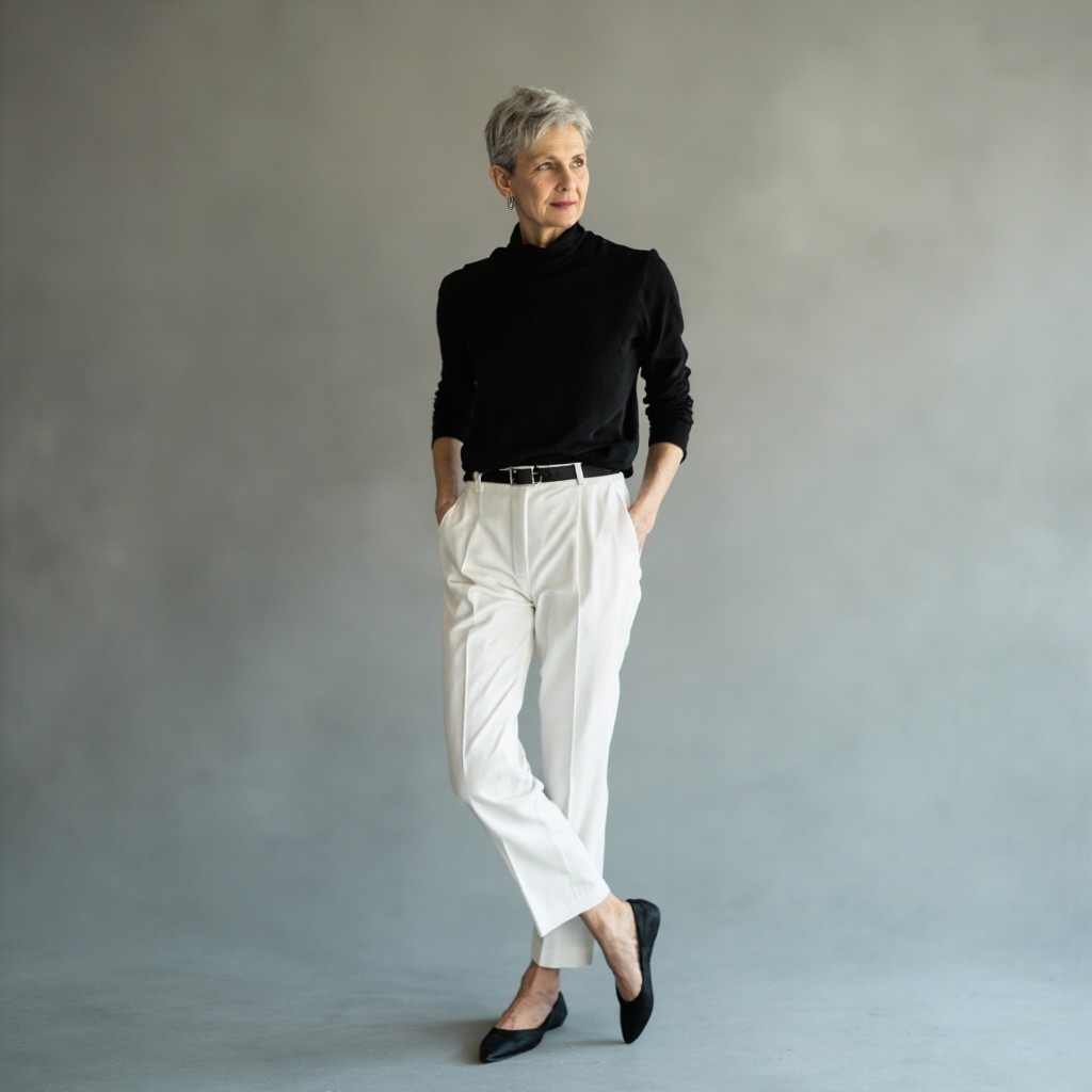 Older Audrey Hepburn Lookalike in Monochrome Outfit