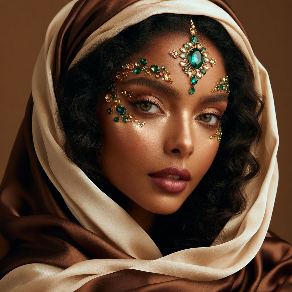 Opulent Beauty Portrait with Emerald-Hazel Eyes & Bronze Silk Opulent Beauty Portrait with Emerald-Hazel Eyes & Bronze Silk