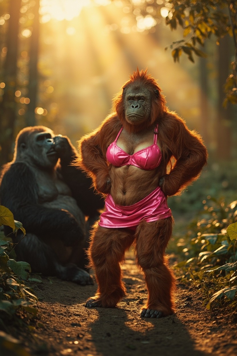 Orangutan About to Dance, Gorilla Lounges in Background