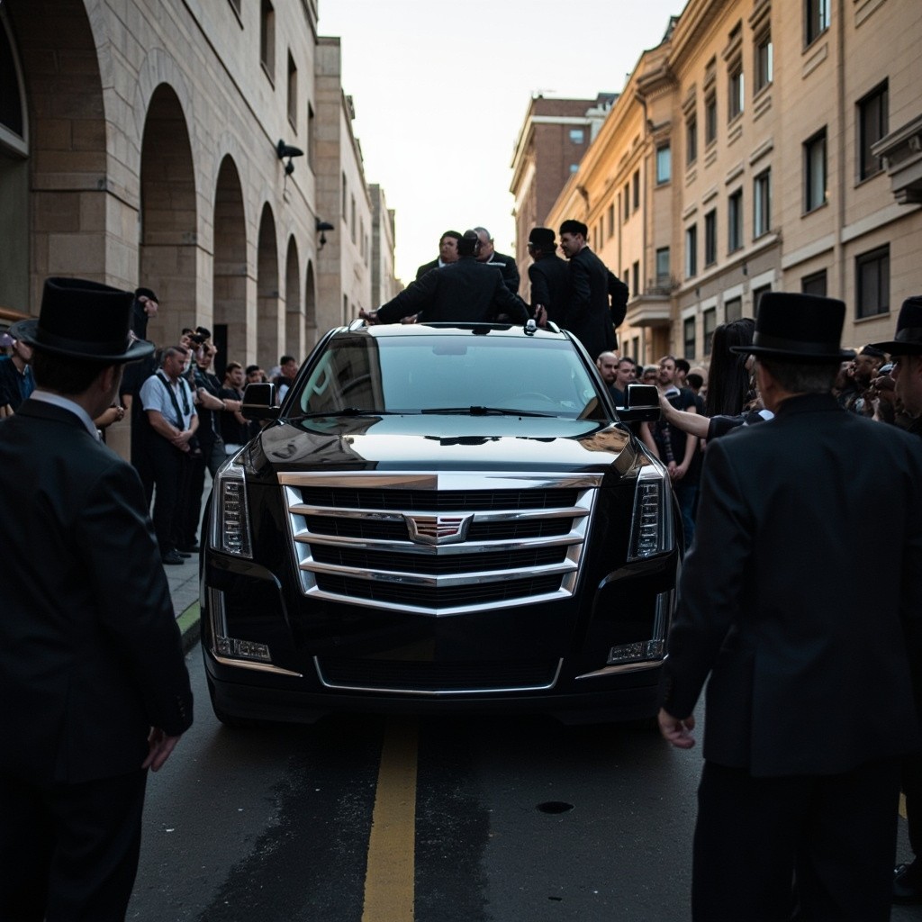 Orthodox Jews Gather Near a Cadillac Escalade