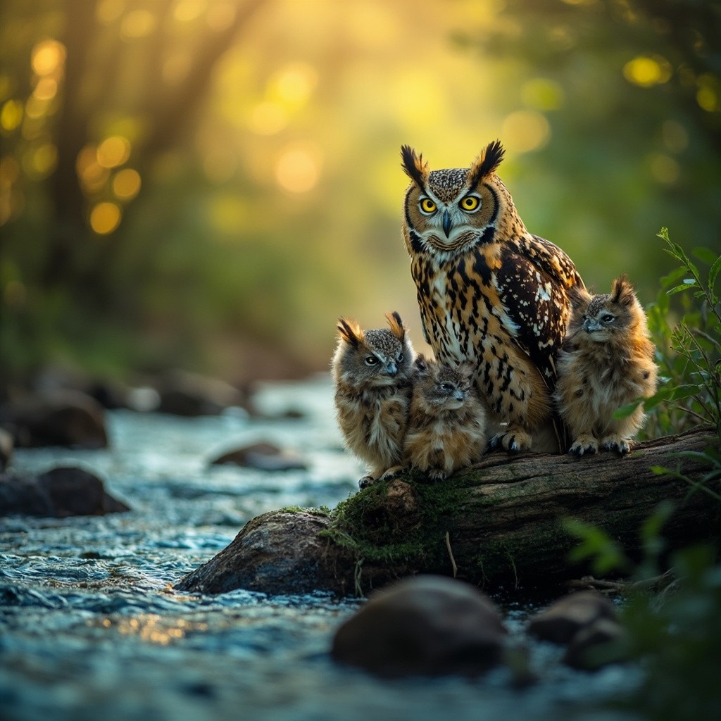Owl Family on Mossy Log by Blue Stream