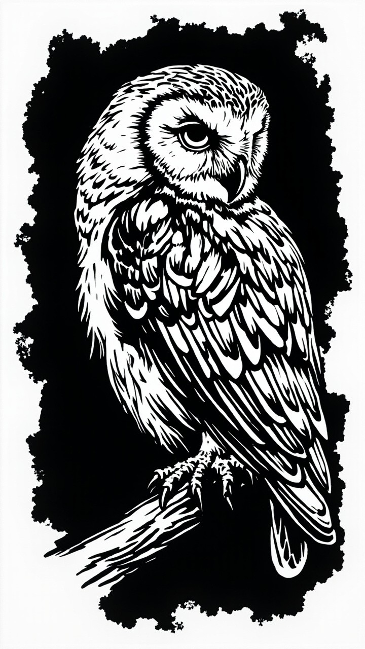 Owl Perched on Branch in Black & White
