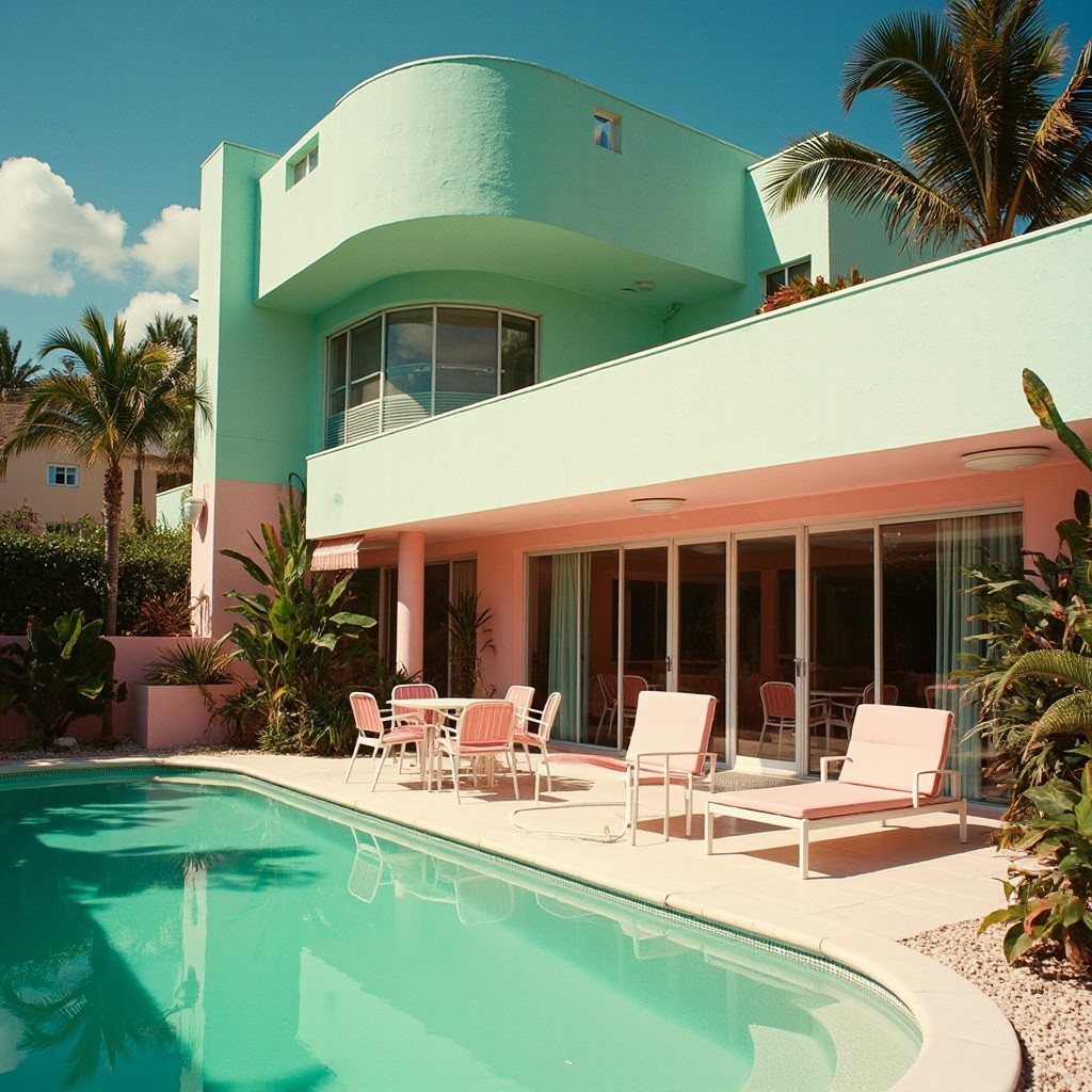 Pastel Miami Villa with Retro, Sun-Soaked Ambiance