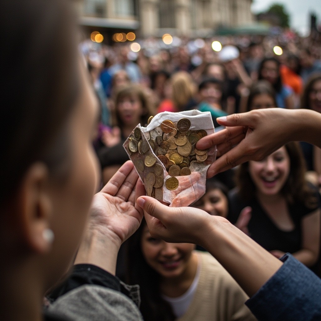 People Receiving a Coin