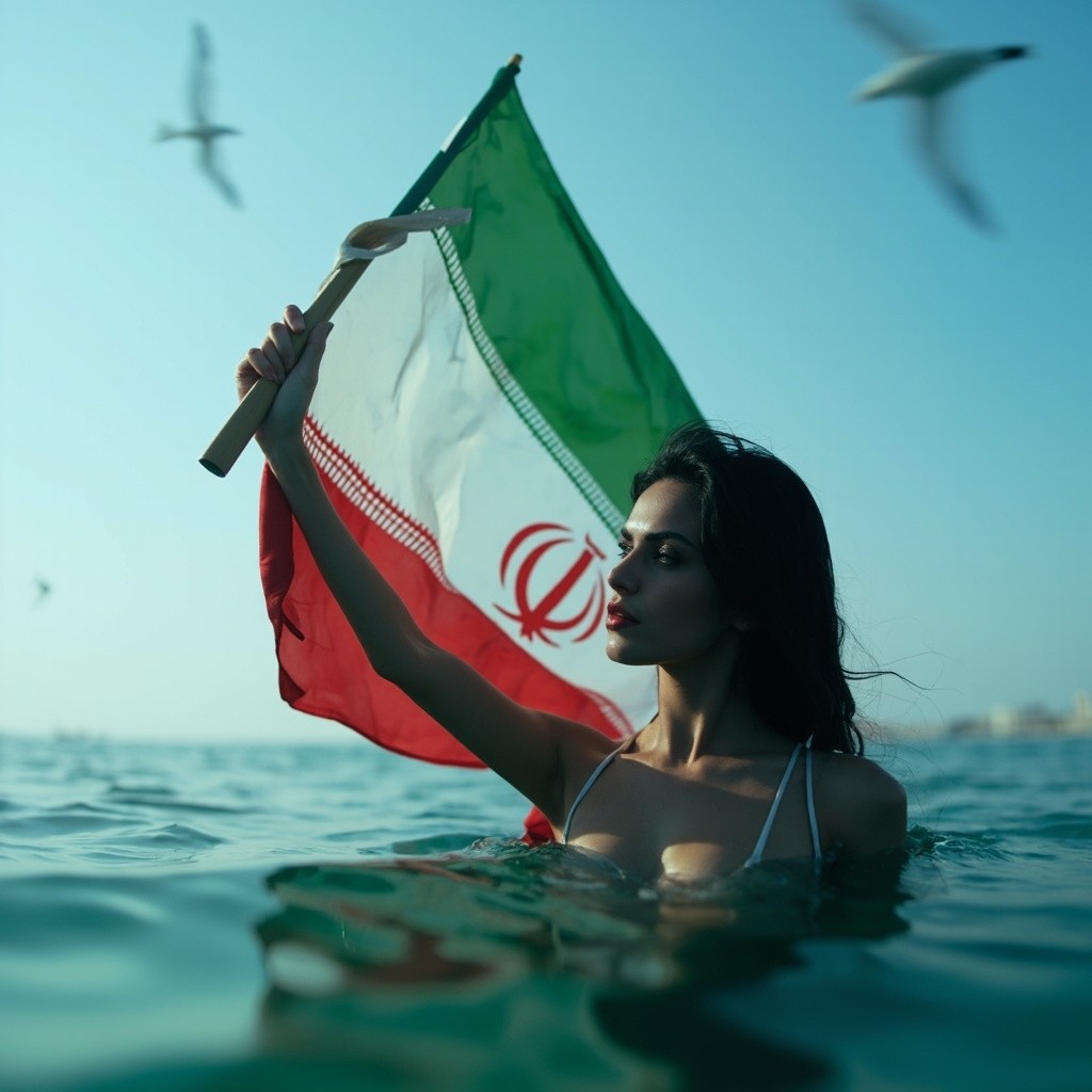 Persian Woman Holding Iran Flan by Persian Gulf