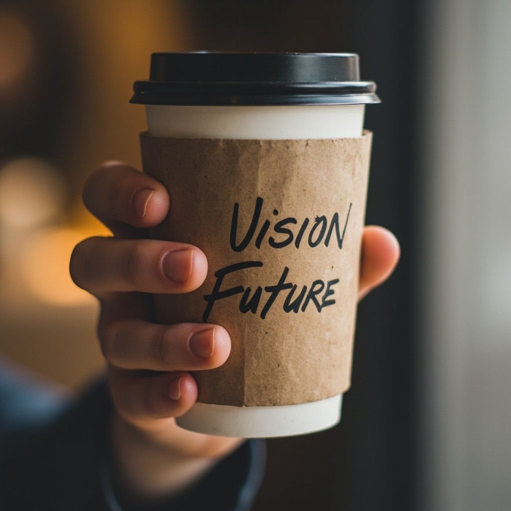 Person Holding a Coffee Cup with 'Vision Future'