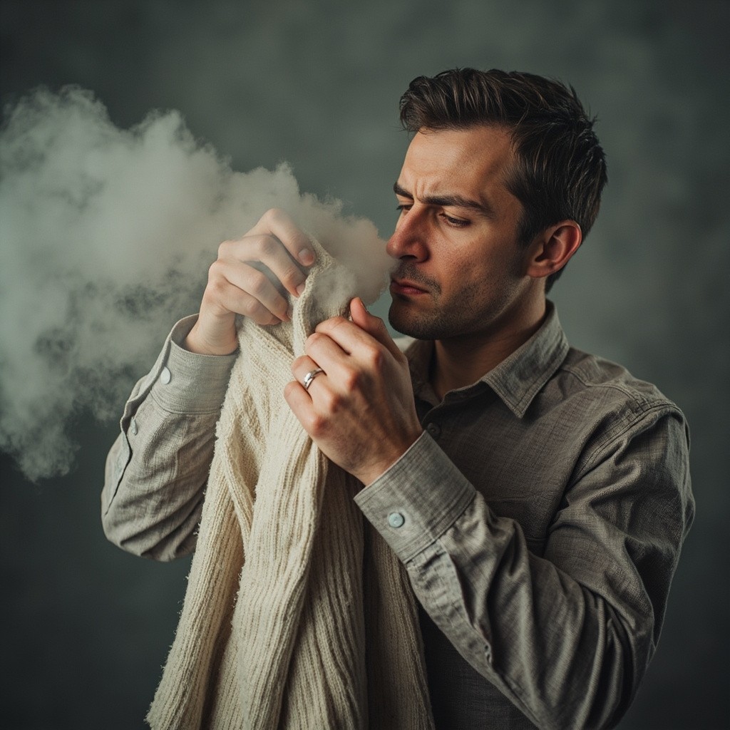 Person Sniffing Smelly Clothes and Grimacing