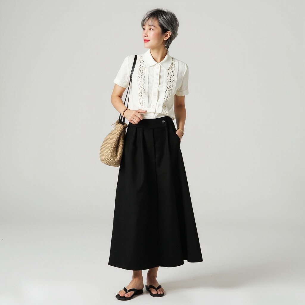 Petite Asian Woman with Gray Hair and Stylish Outfit