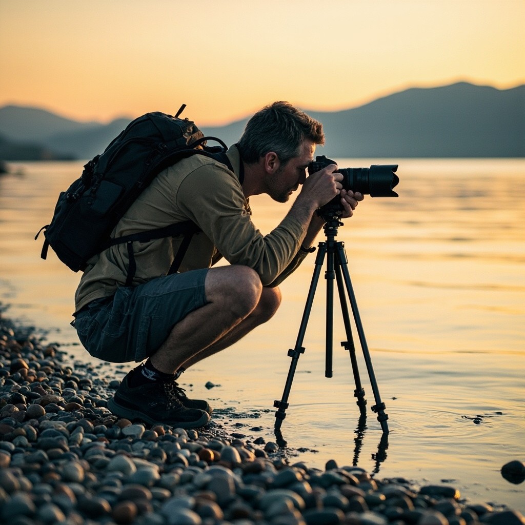 Photographer Shooting by a Pebble-filled Shoreline