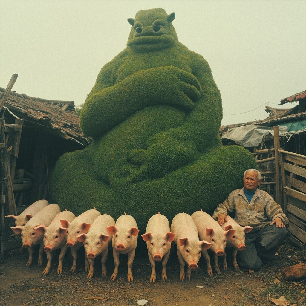 Pigs Surrounding a Green Giant in Chinese Village
