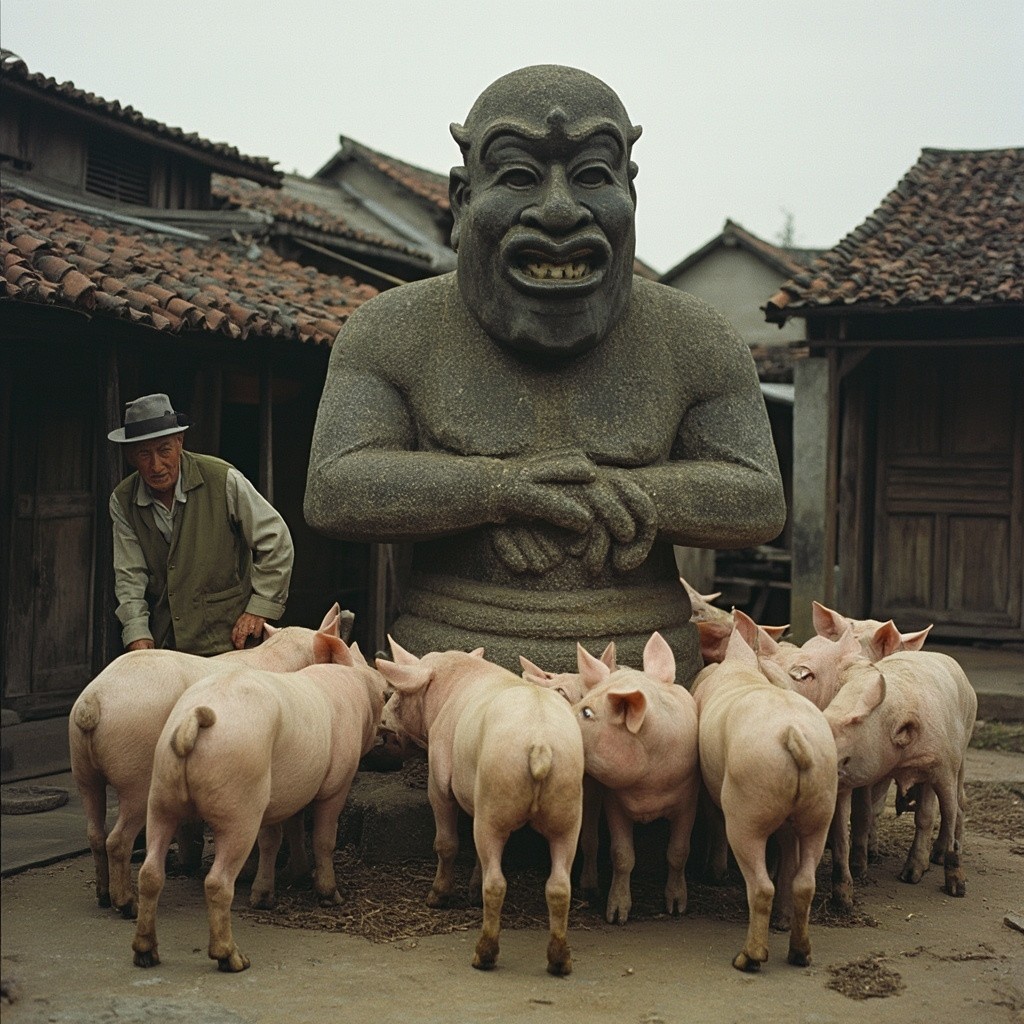 Pigs Surrounding a Road Giant in Chinese Village
