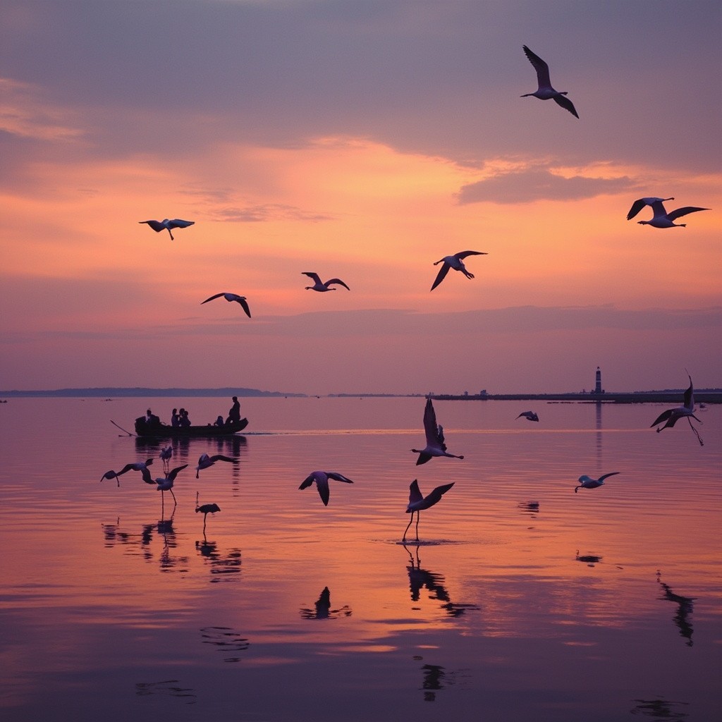 Pink Flamingos Flying Over Delta del Po Sunset
