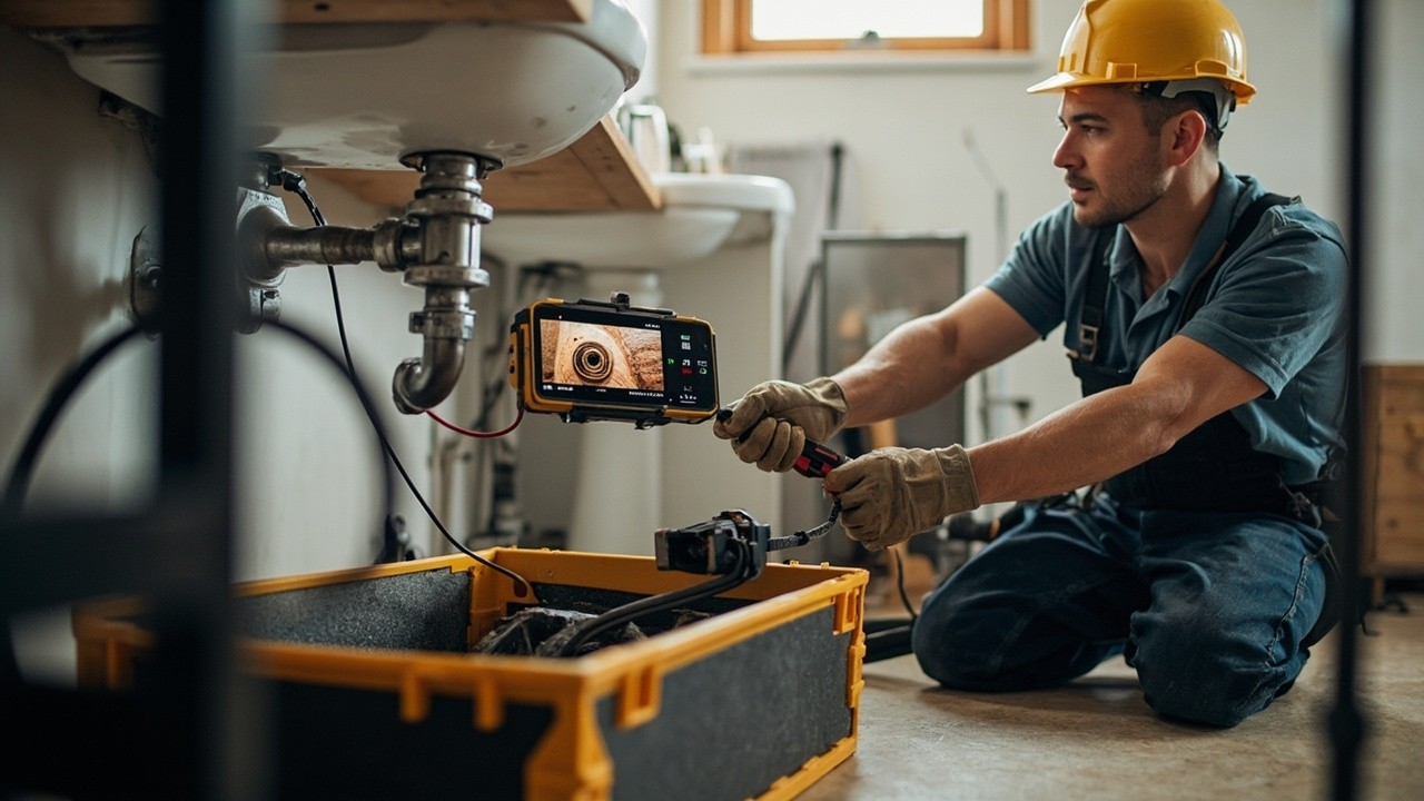 Plumber Inspecting Pipe with Advanced Detector Tool