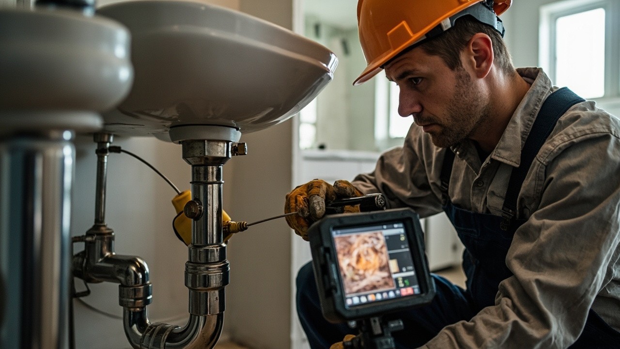 Plumber Inspecting Pipes with High-Tech Detector