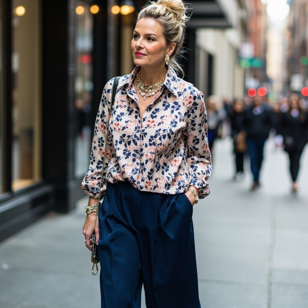 Plus Size Lady in Floral Silk Blouse and Navy Palazzo