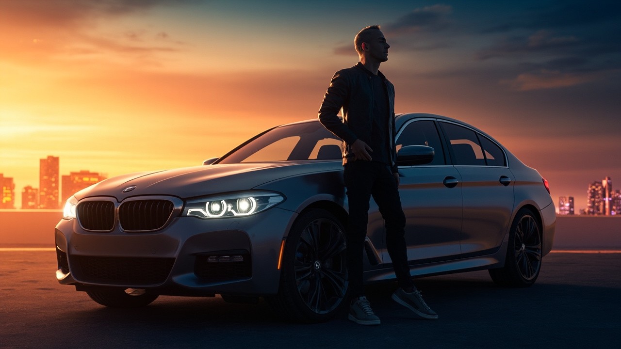 Posing with Luxury Car Amidst City Lights or Sunset