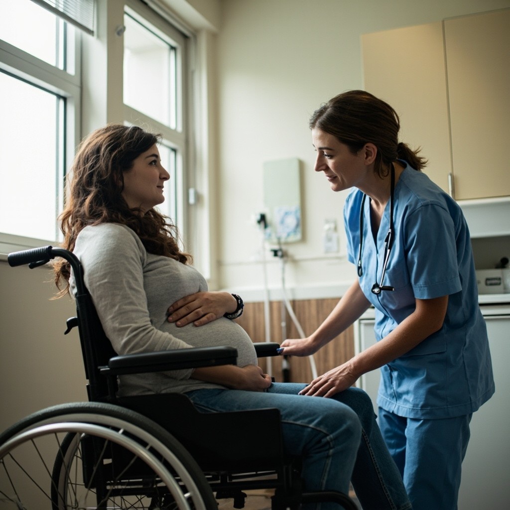 Pregnant Lady in Wheelchair Conversing with Nurse