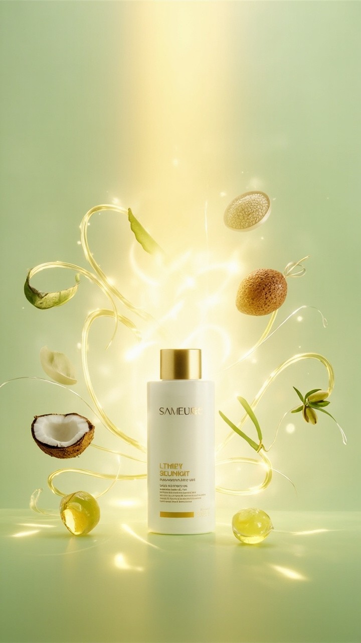 Premium Shampoo Ingredient Fusion on Light Green Background