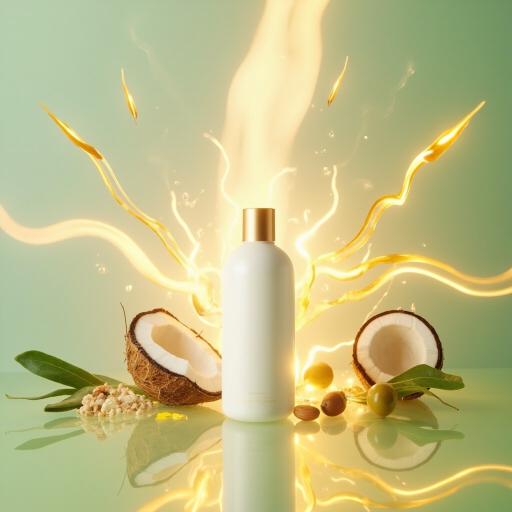 Premium Shampoo Ingredients Fusing into Luxurious Bottle