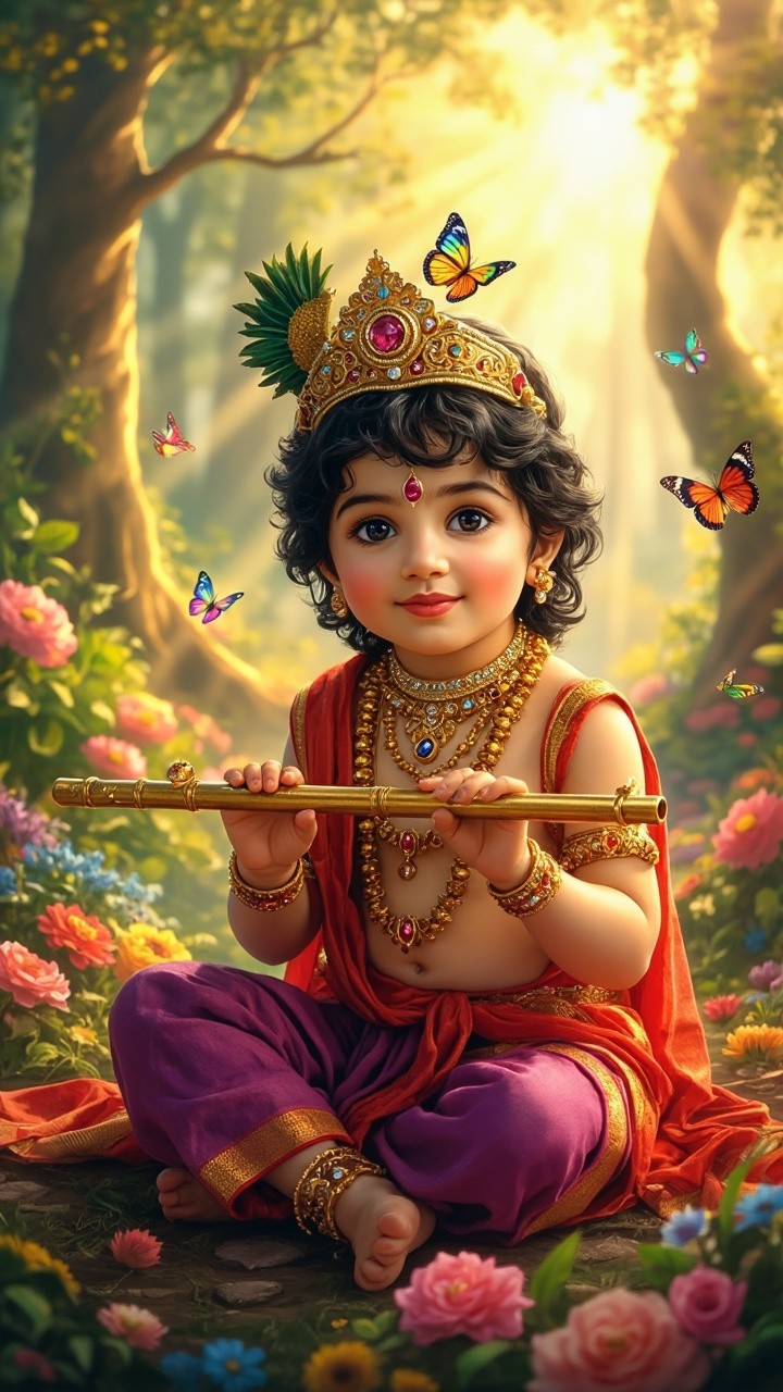 Prince Krishna Amidst Flowers in Radiant Forest Clearing