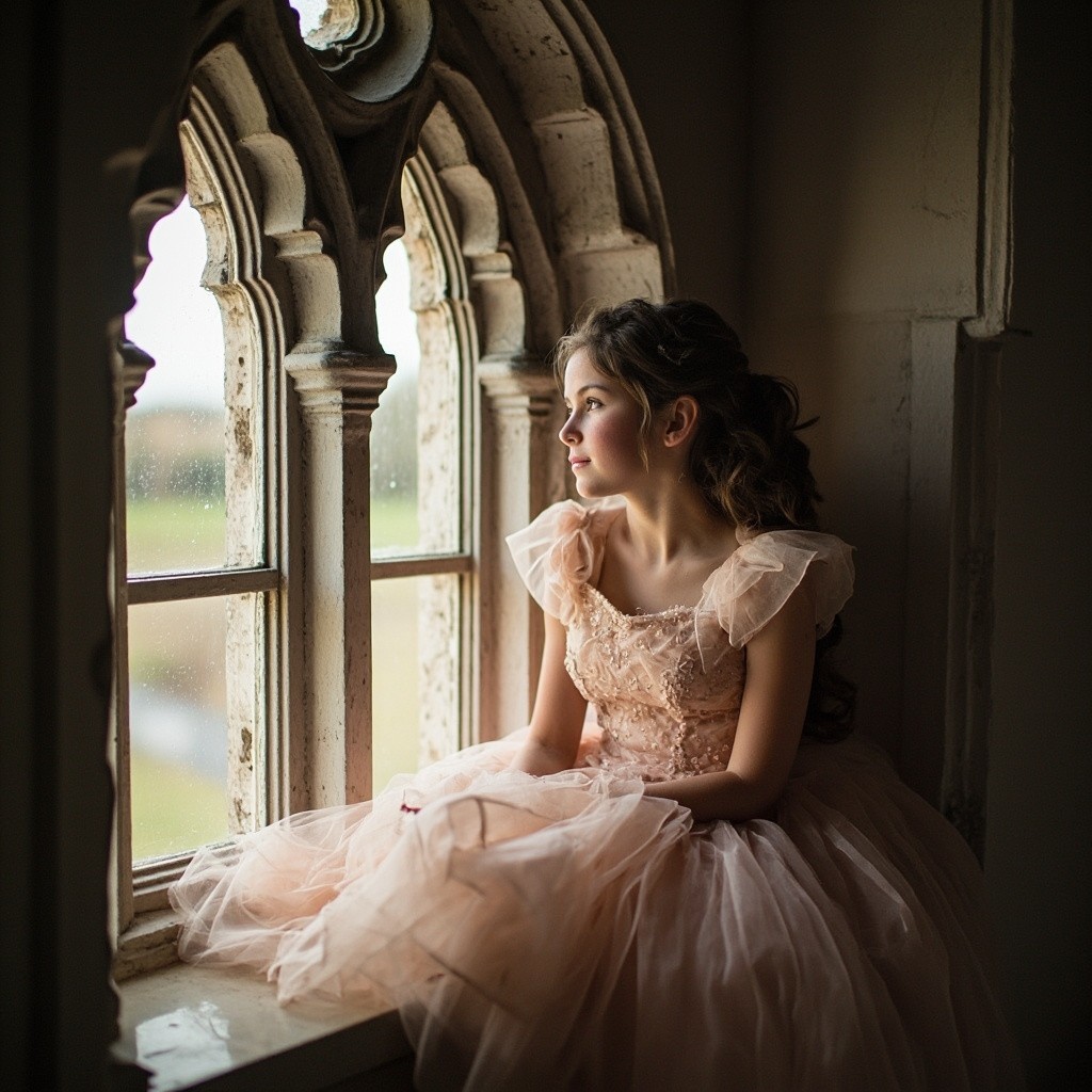 Princess Sitting in Gothic Windowsill in Blush Gown