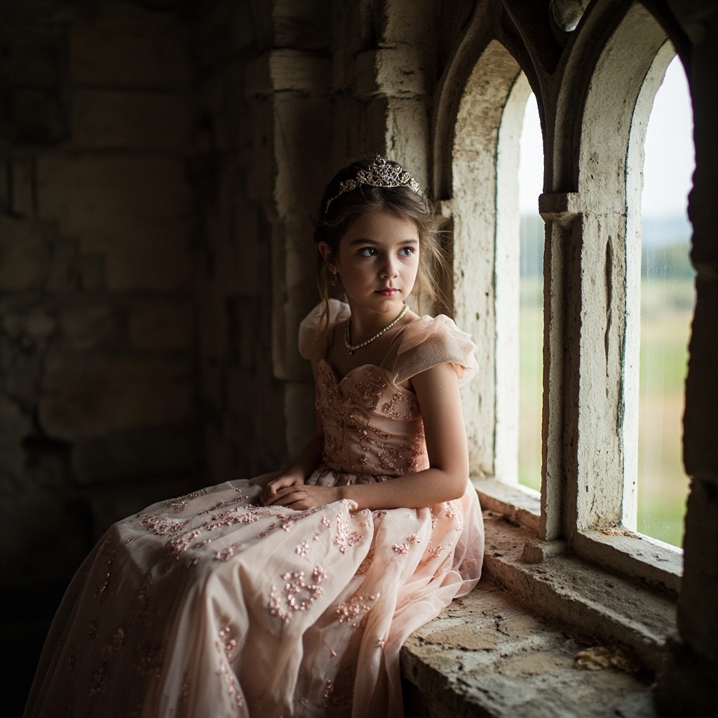 Princess in Blush Gown in Gothic Tower Window
