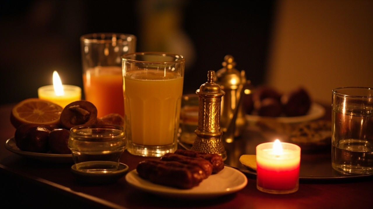 Ramadan Meal with Little Lamps and Dates