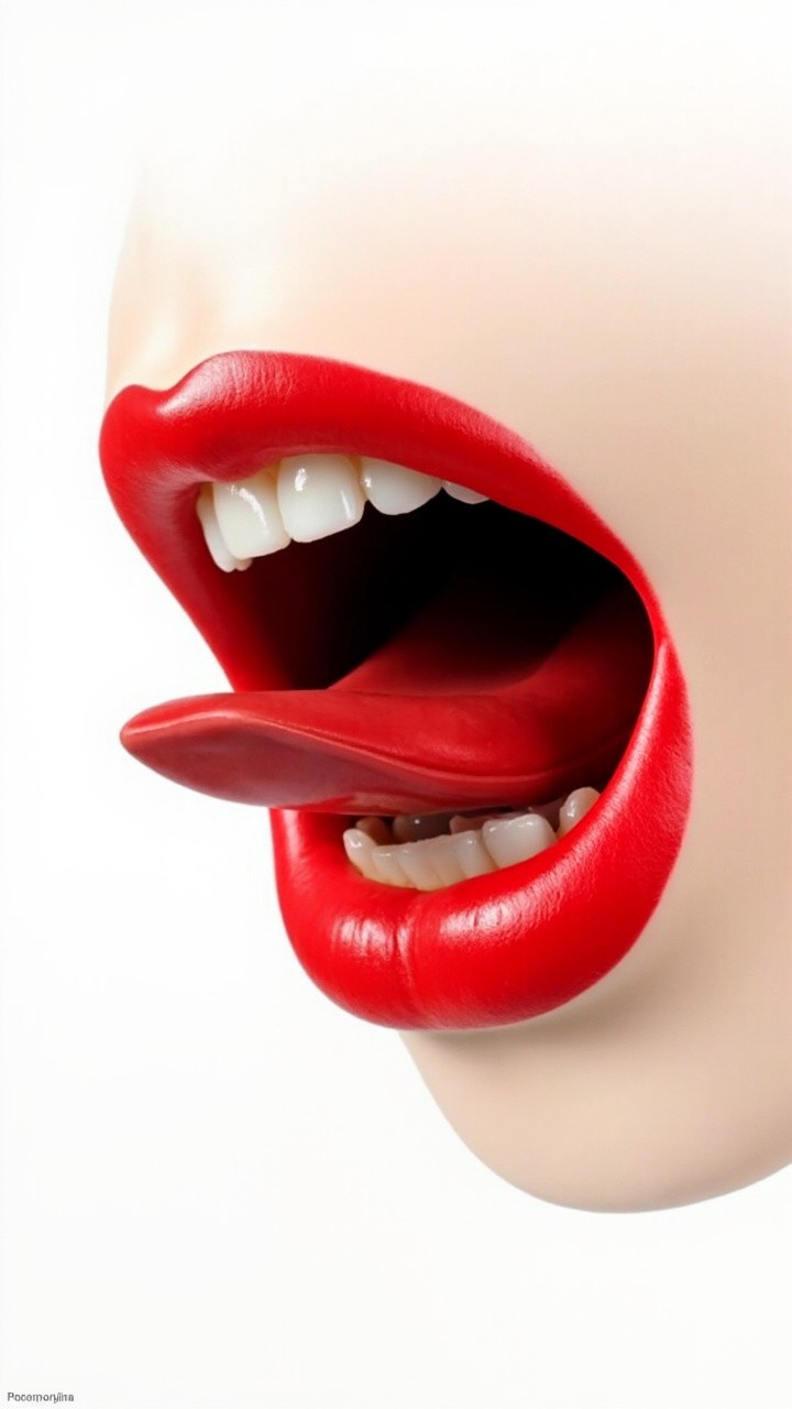 Red Lips and Tongue Posed on White Backdrop