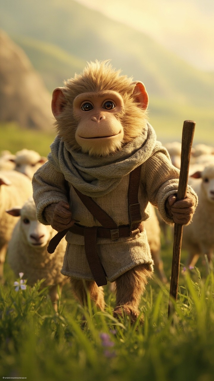 Rivo the Monkey Shepherd in Morning Meadow