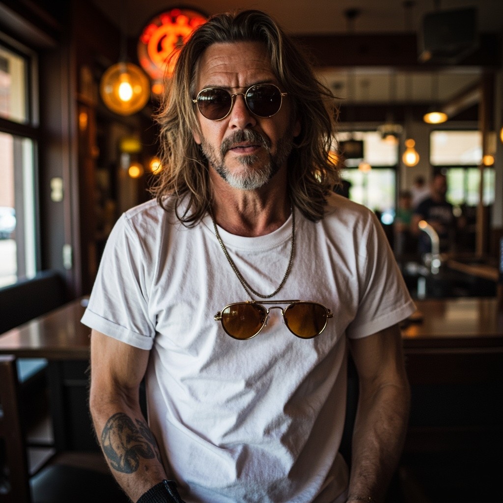 Rocker in White Shirt and Sunglasses in Bar