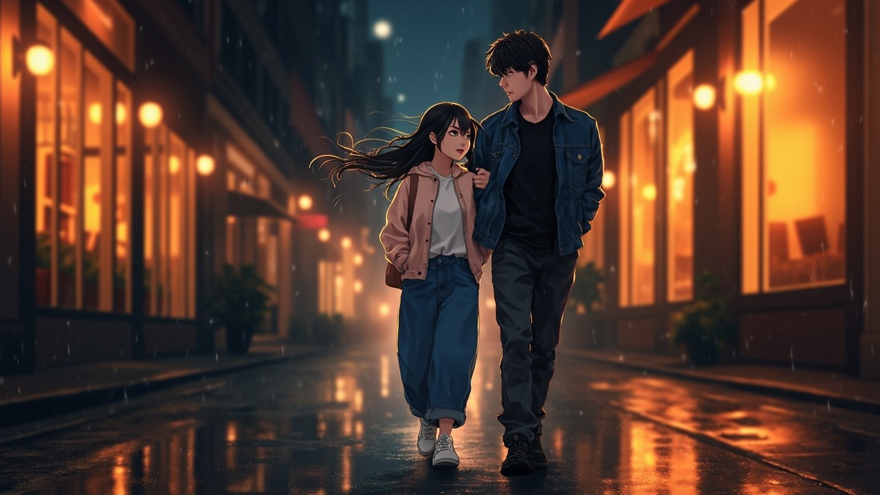 Romantic Anime Couple Walking in Rainy City Night