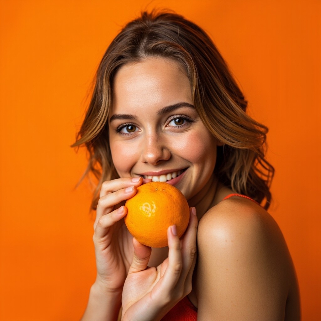 Russian Model Holding Orange for Finance Ad