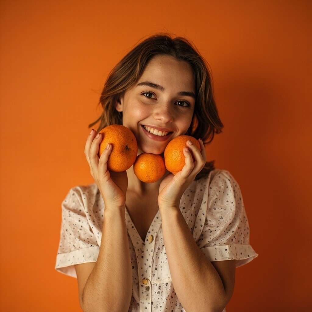 Russian Model Holding Oranges on Green Background