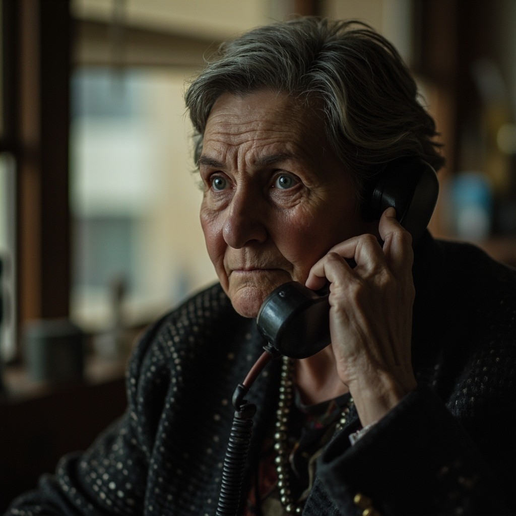 Sad Elderly Woman Conversing on Landline Phone