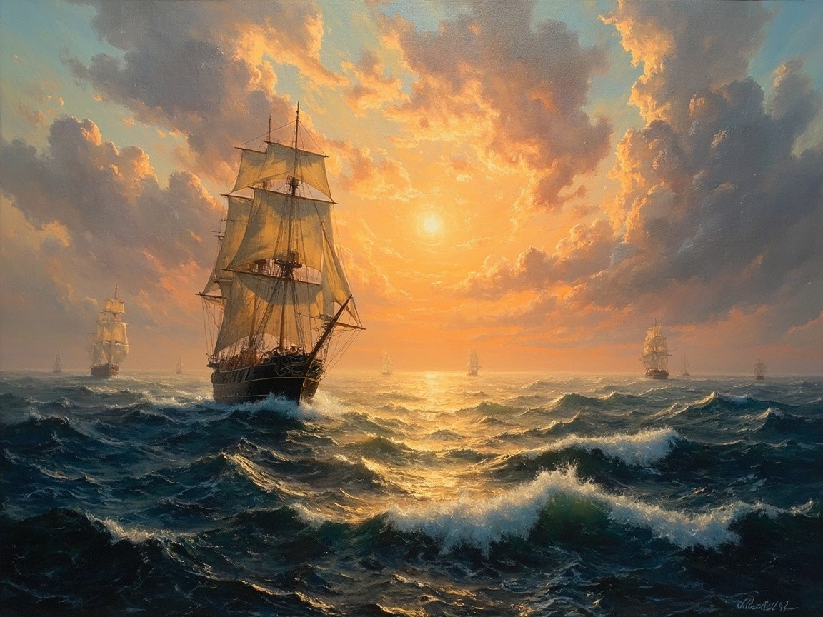 Sailing Ship on Vibrant Sunset Seascape Painting