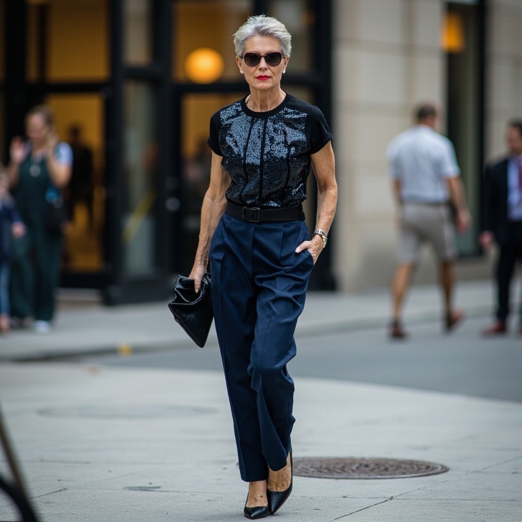 Sassy Middle-Aged Lady in Chic Outfit and Sunglasses