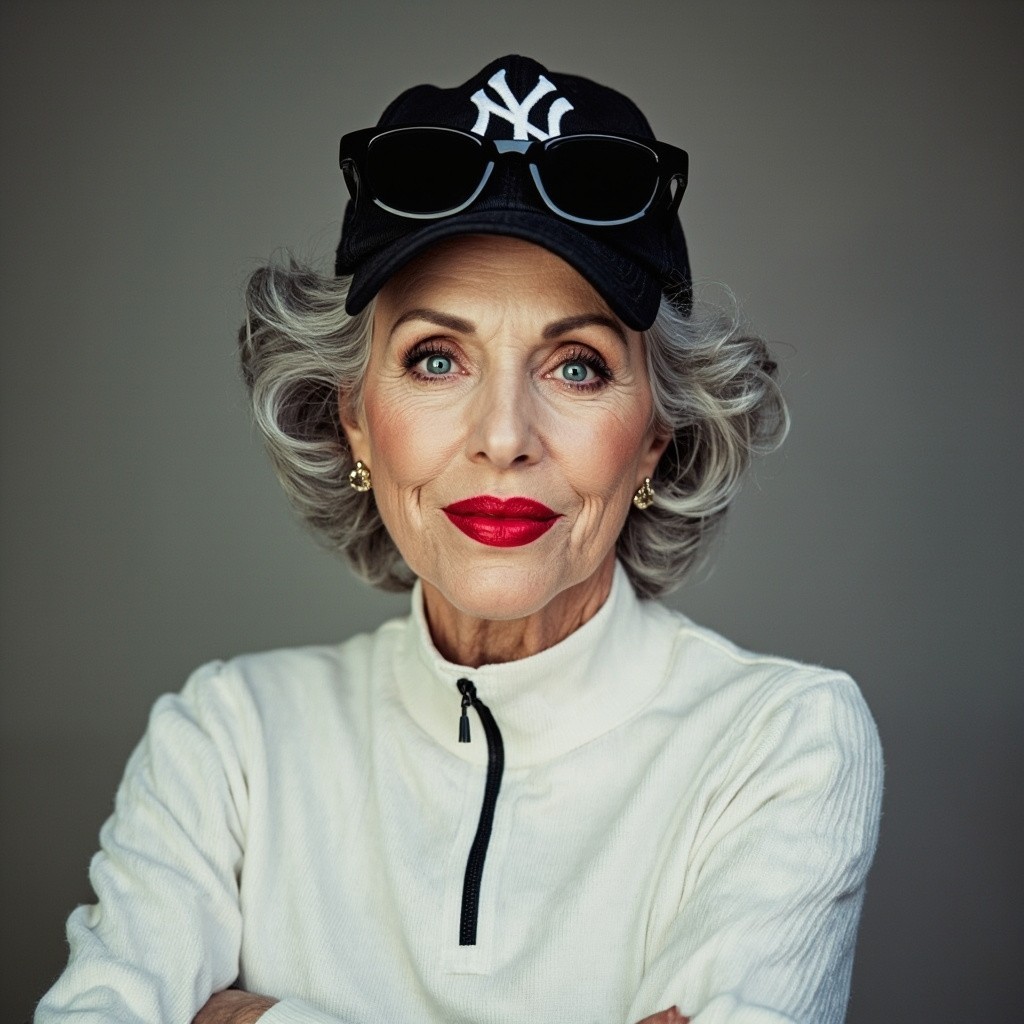 Sassy Middle-Aged Woman in NY Yankee Cap and Adidas