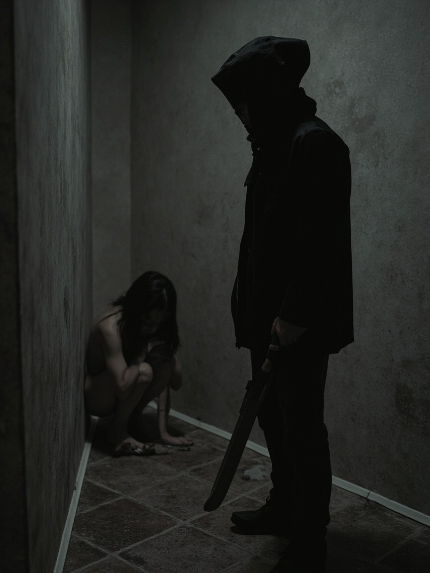 Scared Girl and Hooded Man with Knife