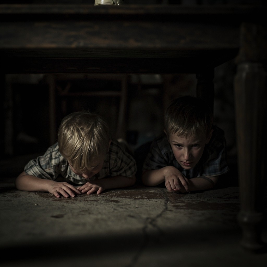 Scared Kids Hiding Under Table in Darkness