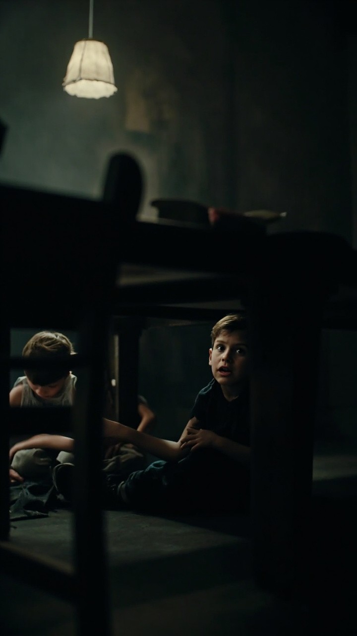 Scared Siblings Hiding Under Table from Father