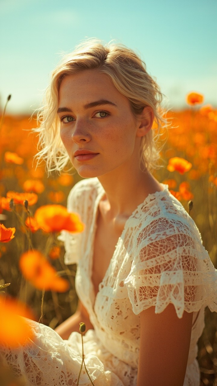 Serene Blonde Woman amongst Vivid Orange Poppies