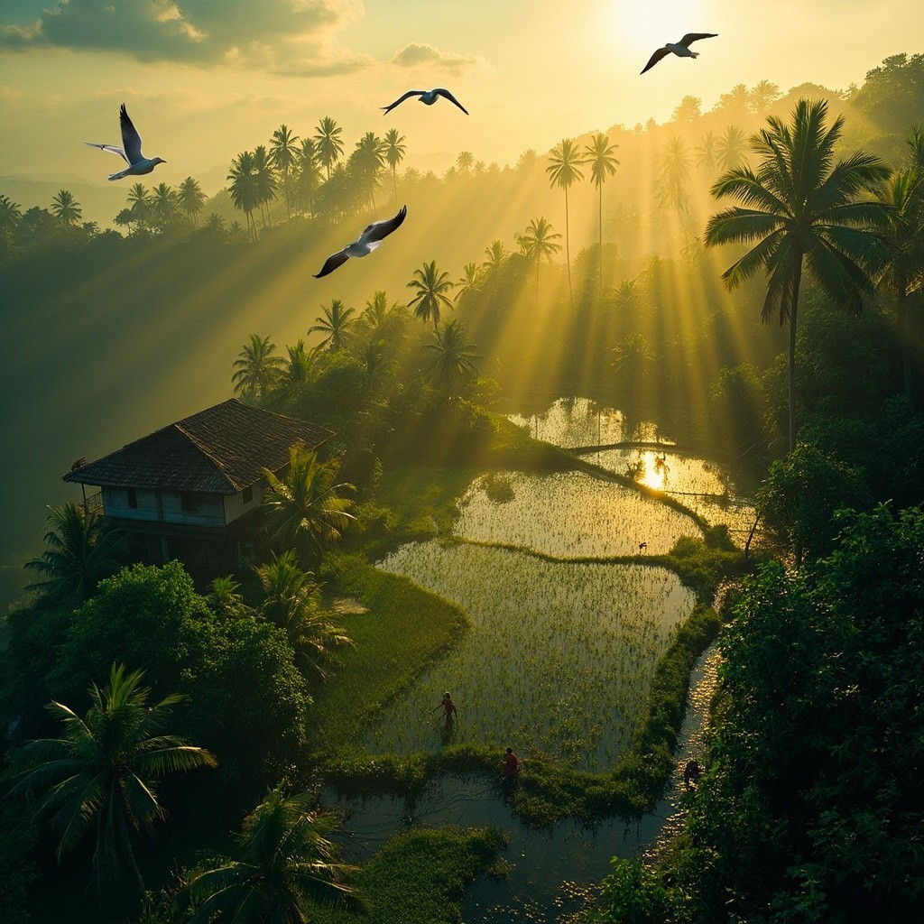 Serene Hillside Village at Sunrise with Rainfall Serene Hillside Village at Sunrise with Rainfall