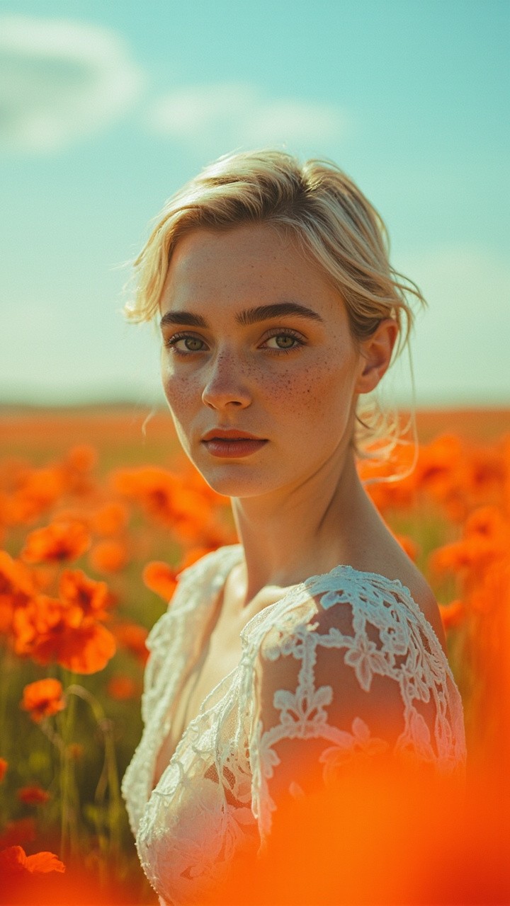 Serene Woman in Poppy Field: Cinematic Fashion Portrait