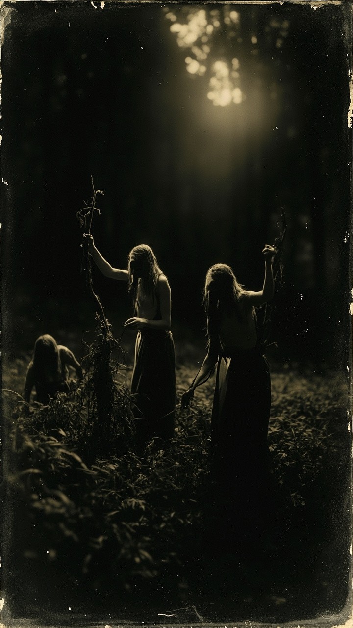 Shadowy Figures Gathering Herbs in 19th Century Photo