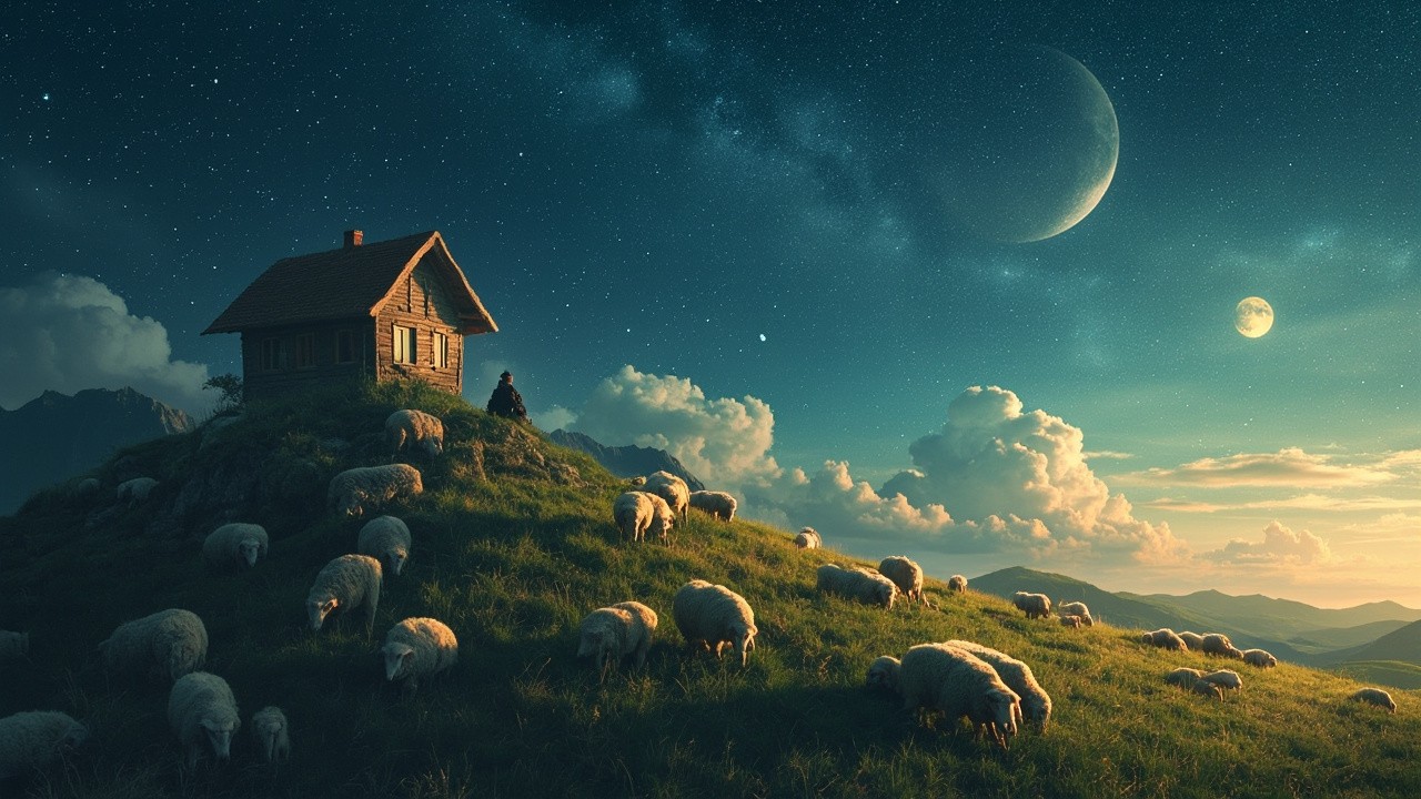Shepherd Watches Sheep on Mountain under Starry Sky