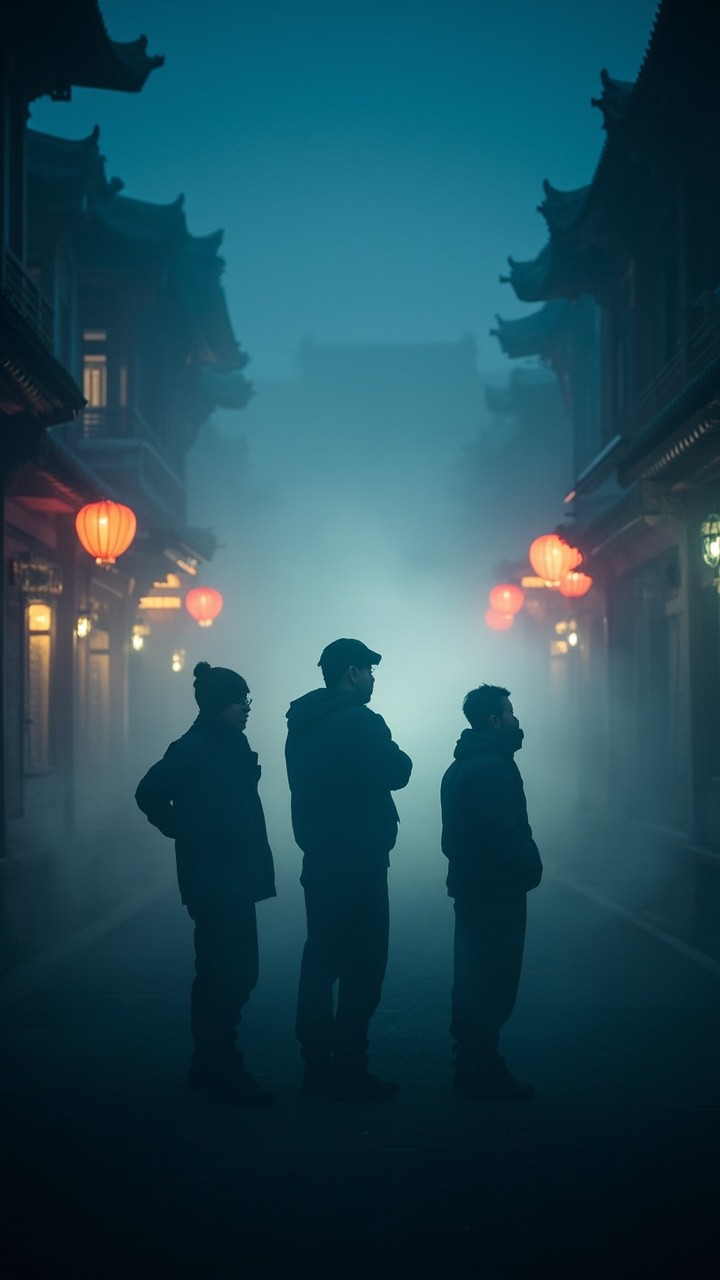 Silhouettes in Fog on Old China Street at Night