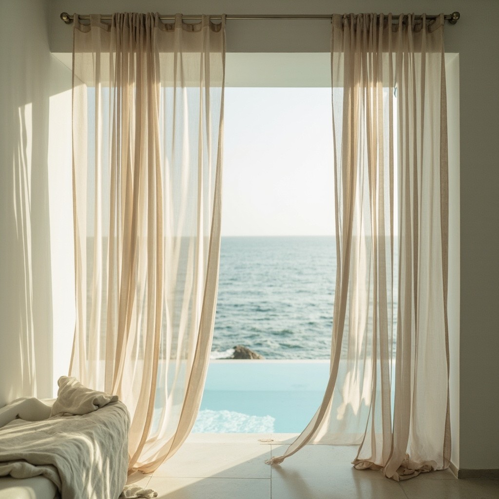 Silk Curtains Billowing in Coastal Villa Breeze