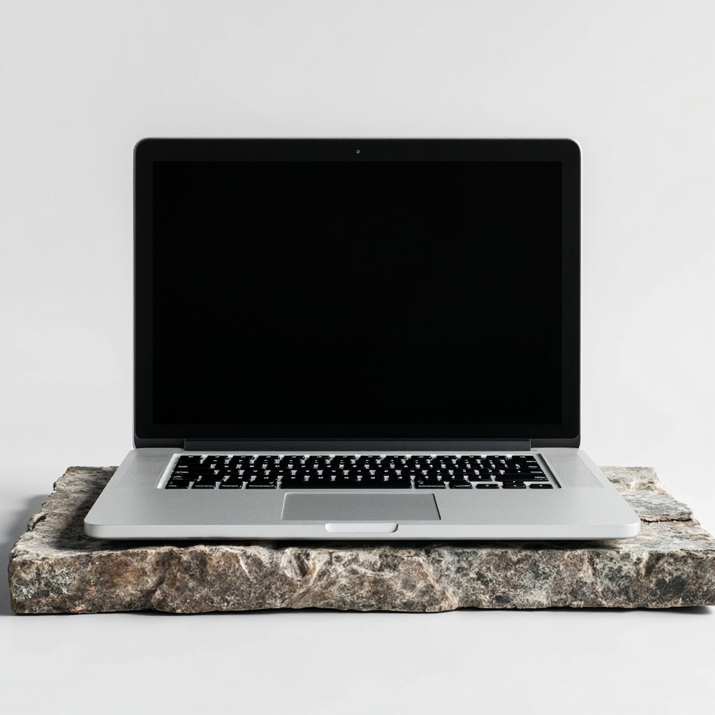 Silver Laptop on Stone Slab with Black Screen