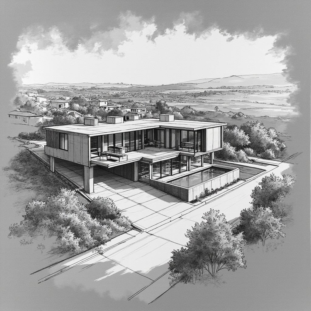 Sketch of Modern Single-Story Home with Pool